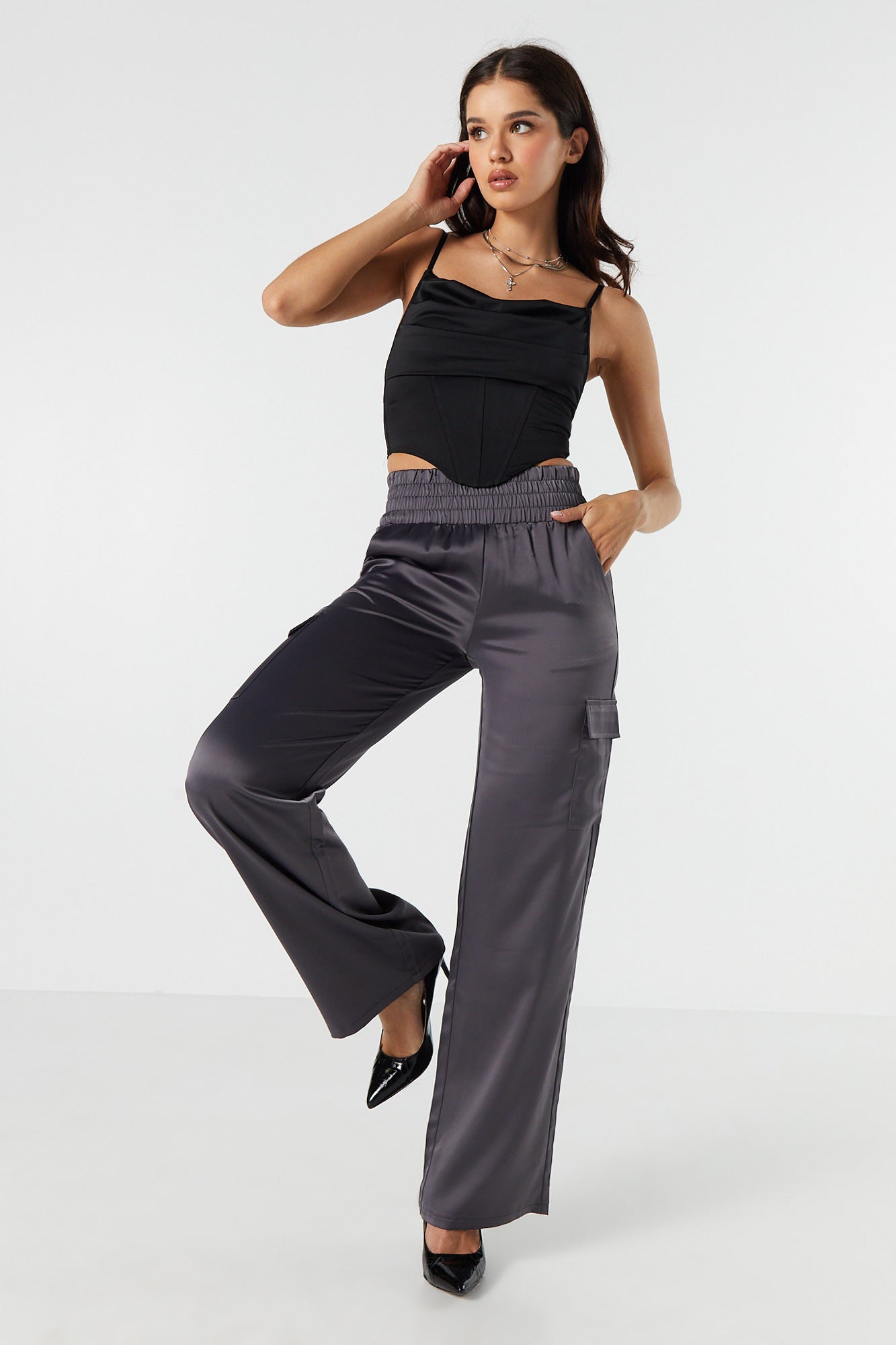 Satin Wide Leg Cargo Pant