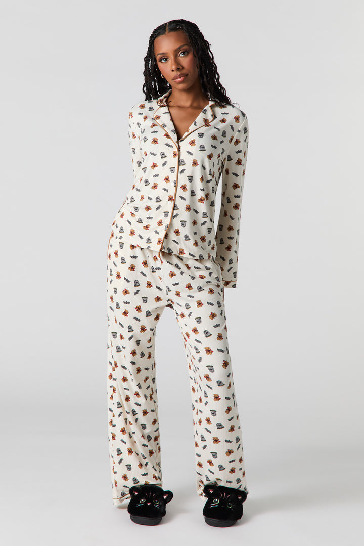 Halloween Printed Button-Up Top & Pant Pajama Set