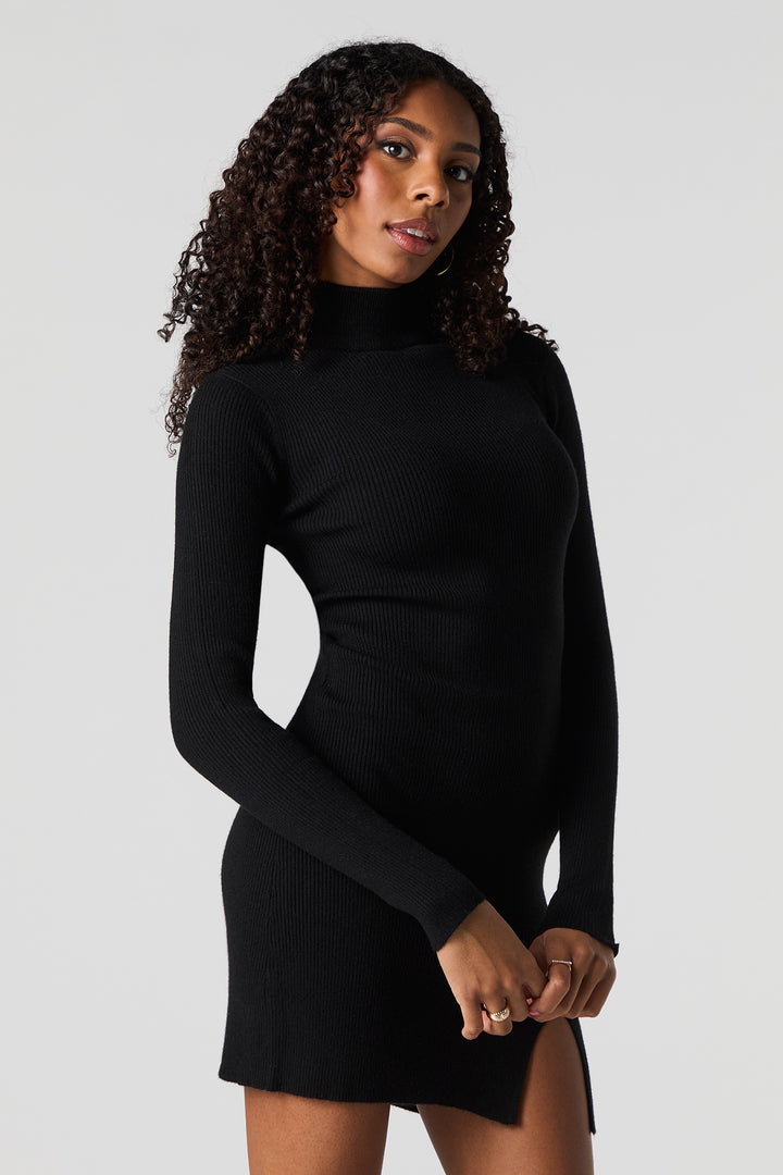 Ribbed Mock Neck Mini Sweater Dress
