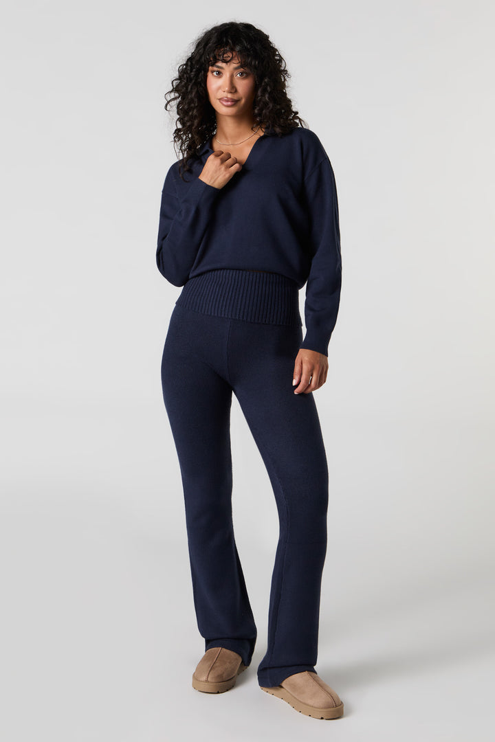 Knit Fold Over Waist Wide Leg Pant