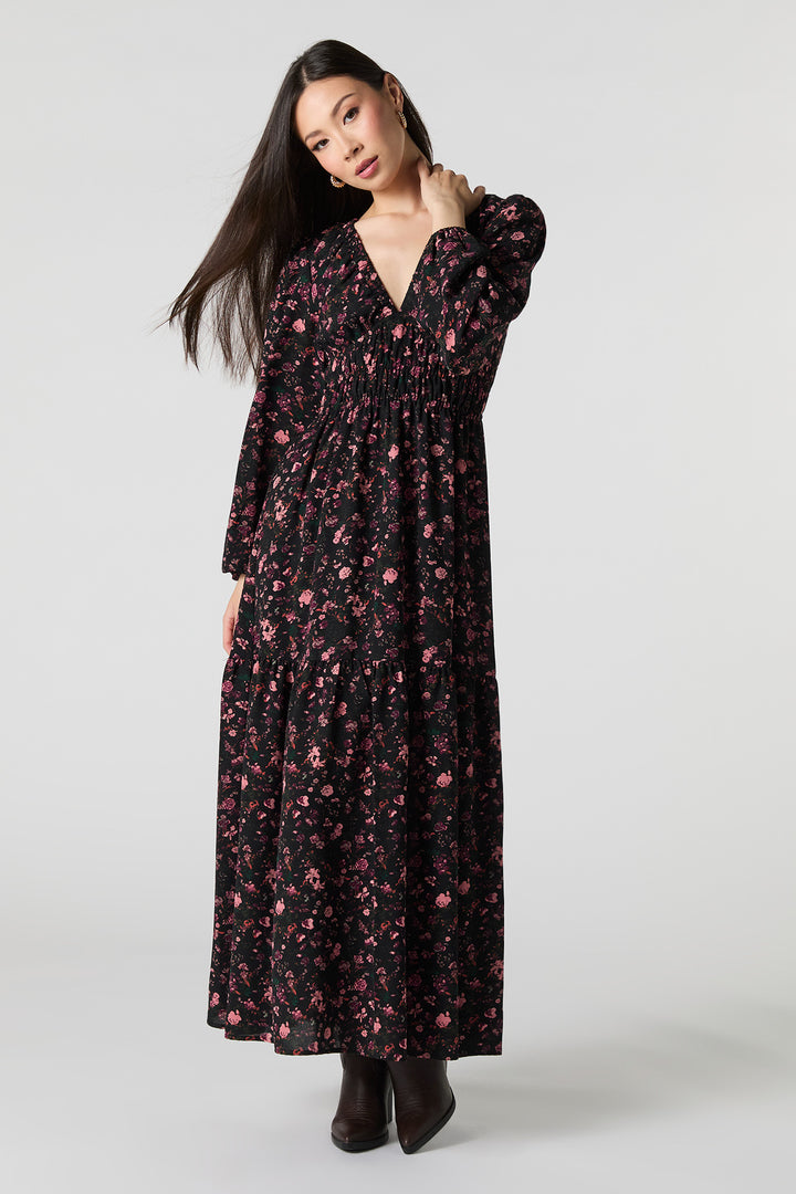 Robe maxi fluide à manche longue et col en V