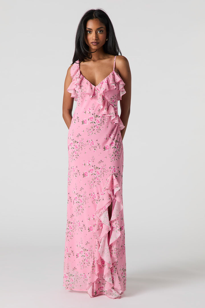 Floral Chiffon Ruffled Slit Maxi Dress