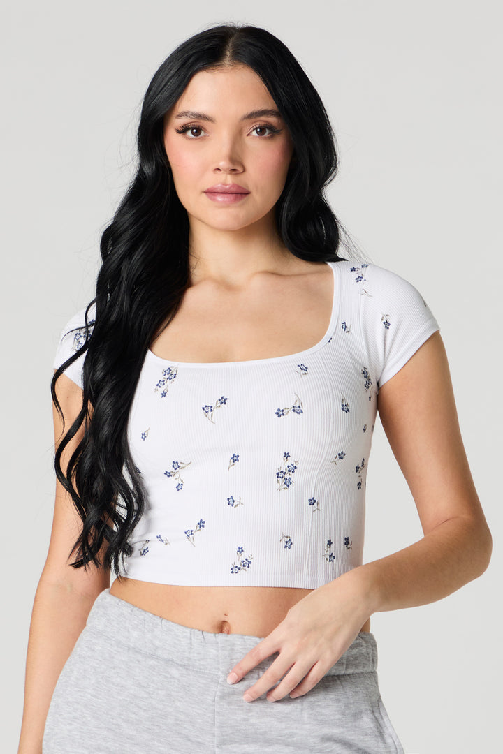 T-shirt ultracourt côtelé sans couture avec encolure carrée