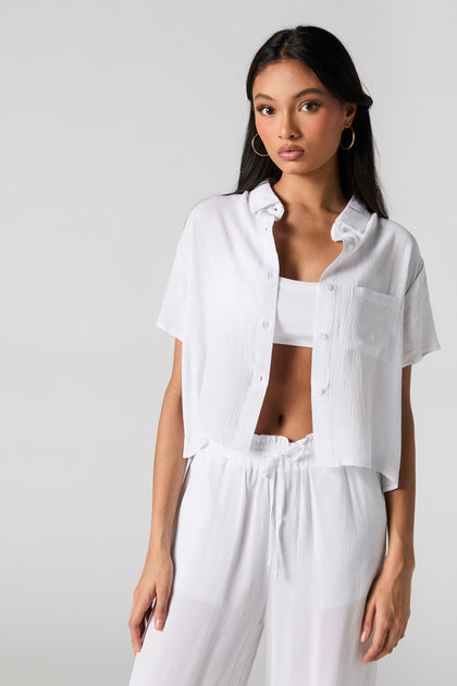 Textured Cropped Button-Up Top
