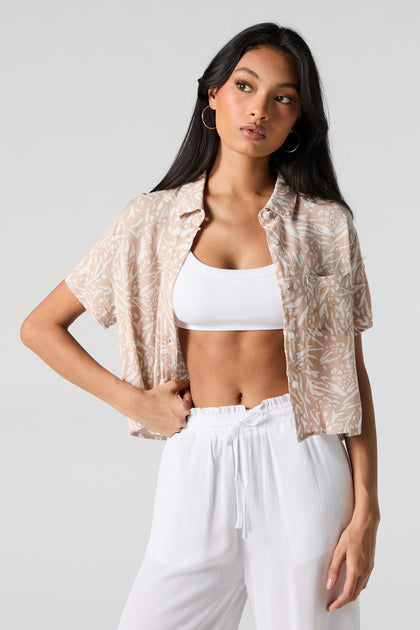 Printed Textured Cropped Button-Up Top