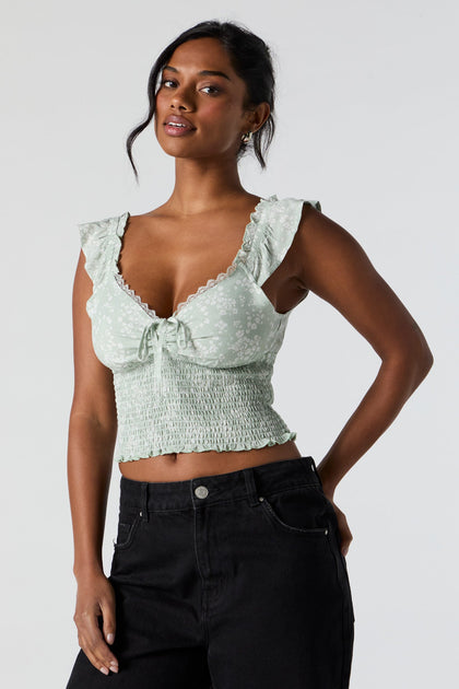 Green Floral Milkmaid Front Tie Top