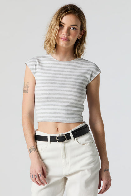 Striped Ribbed Short Sleeve Crop Top
