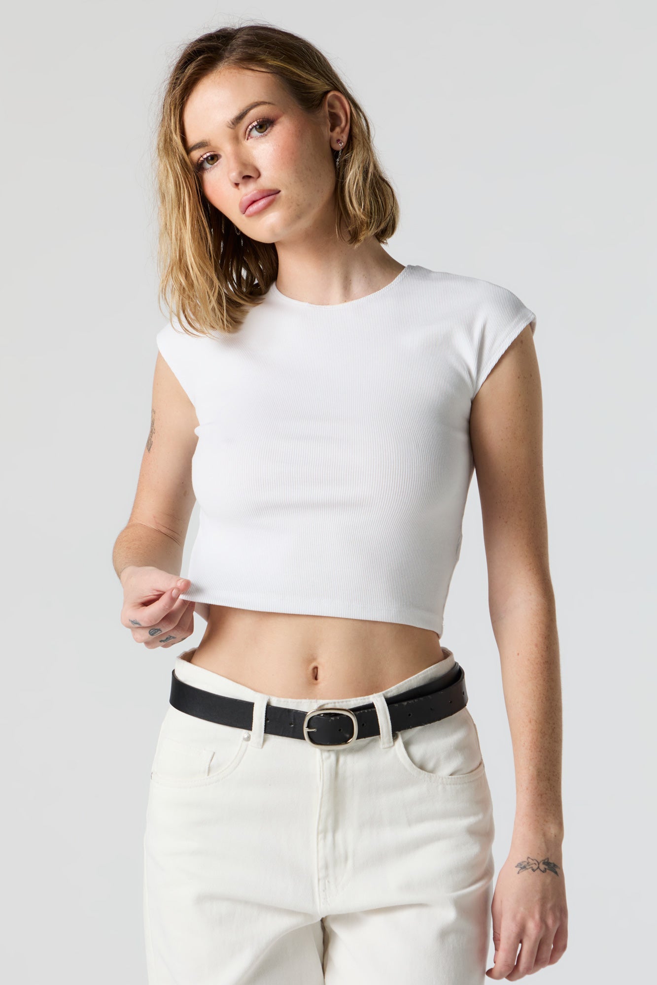 White Ribbed Seamless Snap Front Crop Top