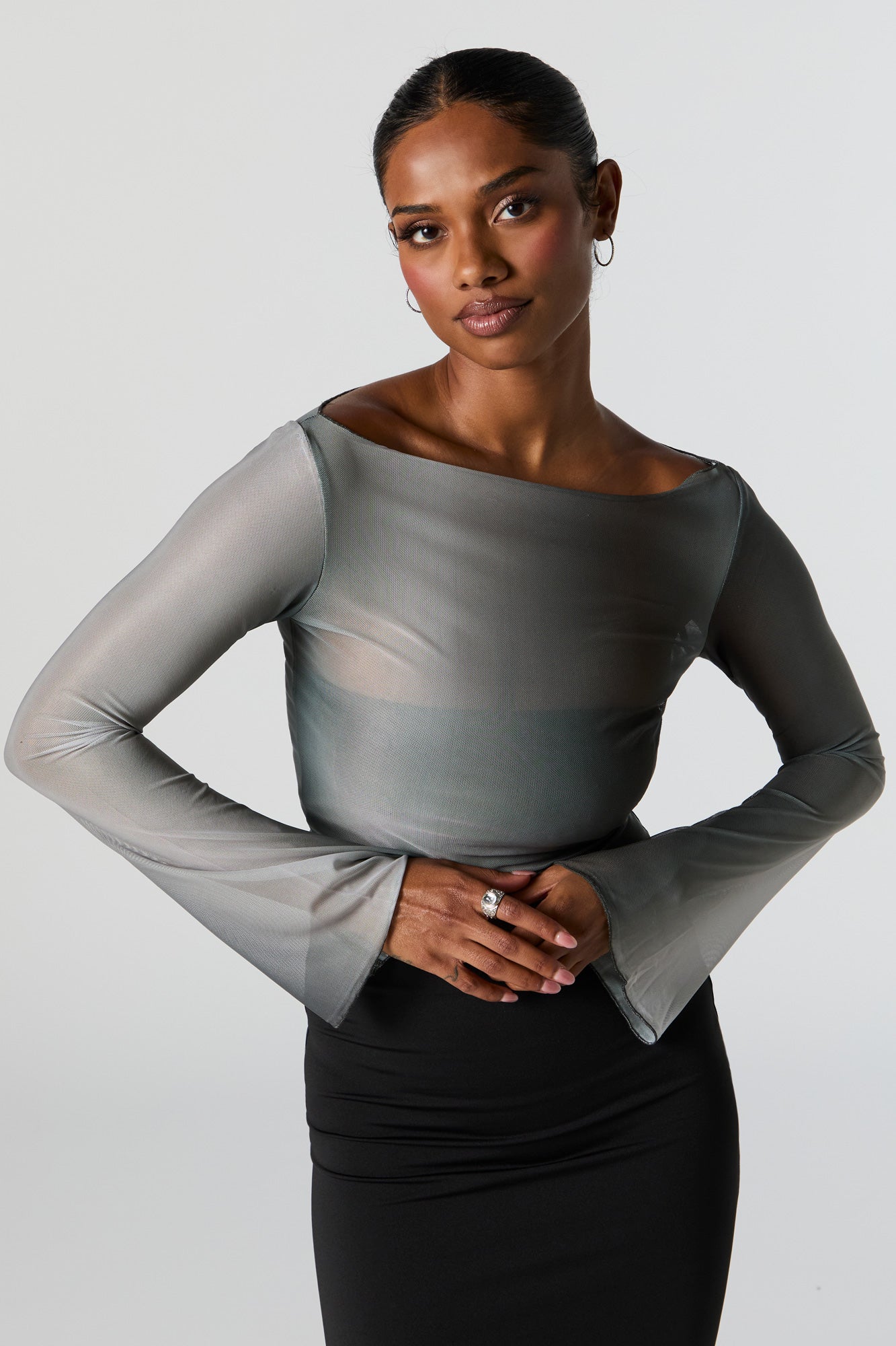 Ruched Mesh Button-Up Long Sleeve Top – Urban Planet