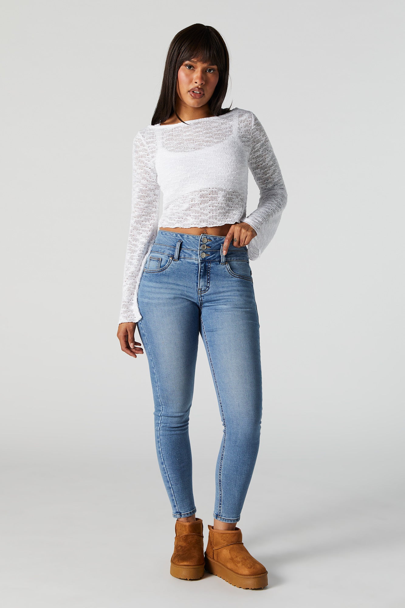 Tonni's - Drawstring Long-Sleeve Crochet-Knit Top