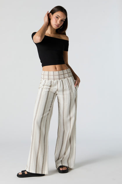Striped Linen Embroidered Smocked Pant