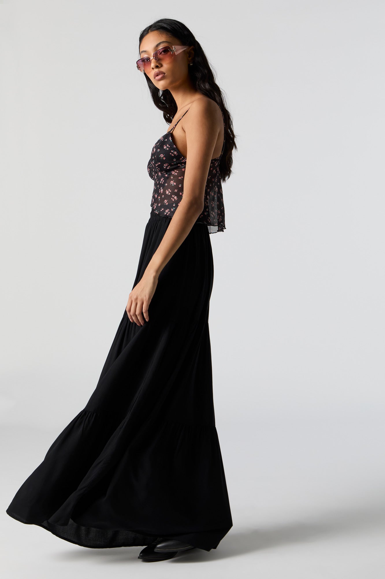 Black High Rise Tiered Maxi Skirt