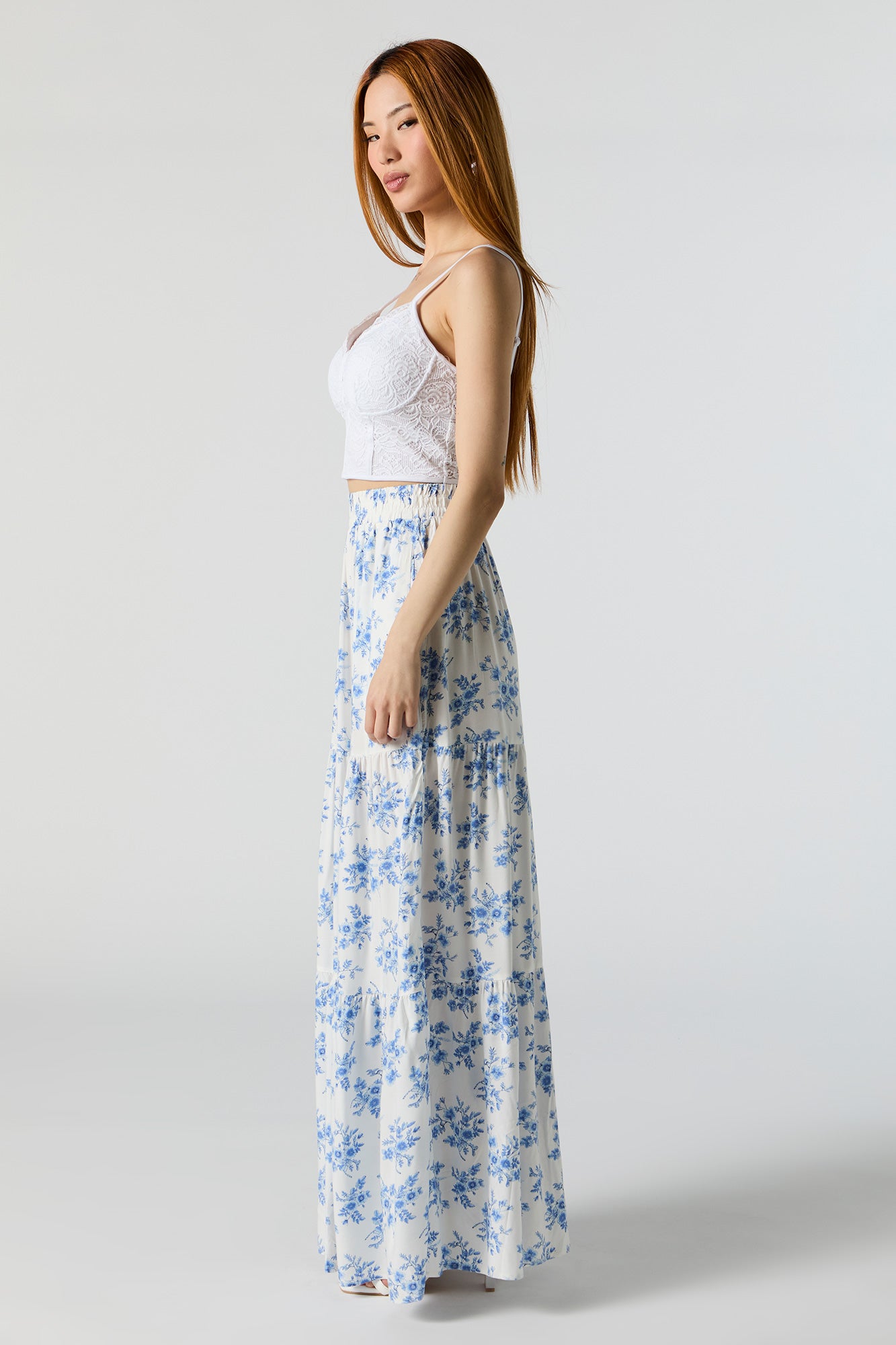 White Floral High Rise Tiered Maxi Skirt