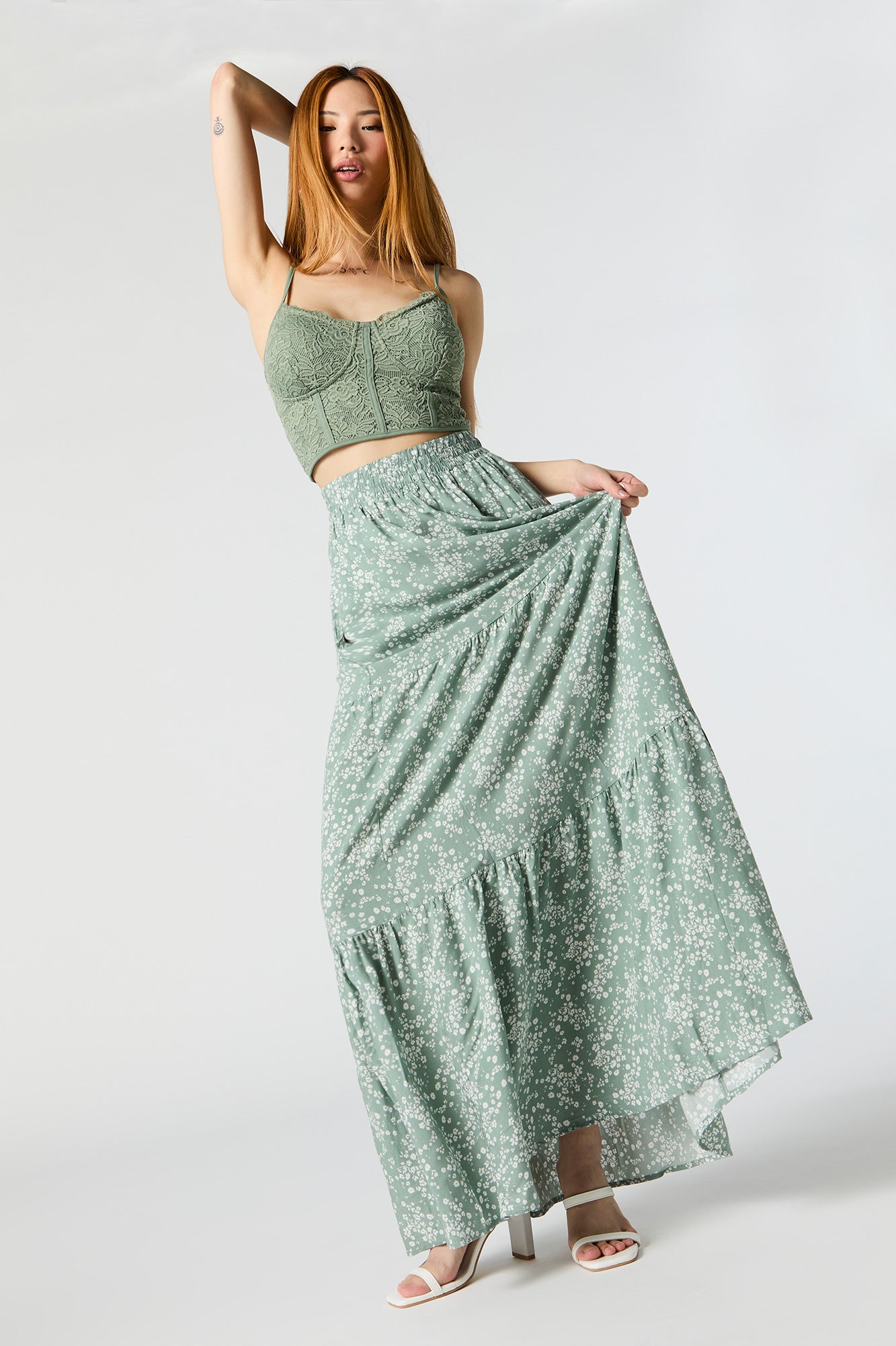 Green Floral High Rise Tiered Maxi Skirt