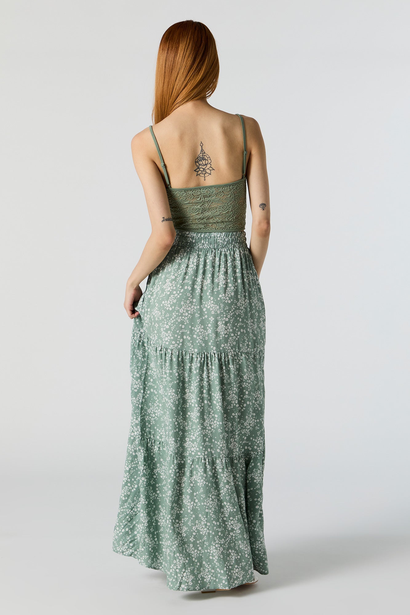 Green Floral High Rise Tiered Maxi Skirt