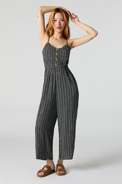 Printed Button Front Sleeveless Jumpsuit