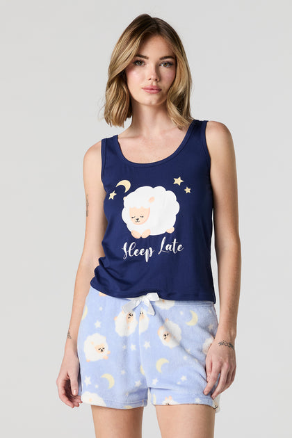 Sheep Graphic Tank and Plush Short 2 Piece Pajama Set
