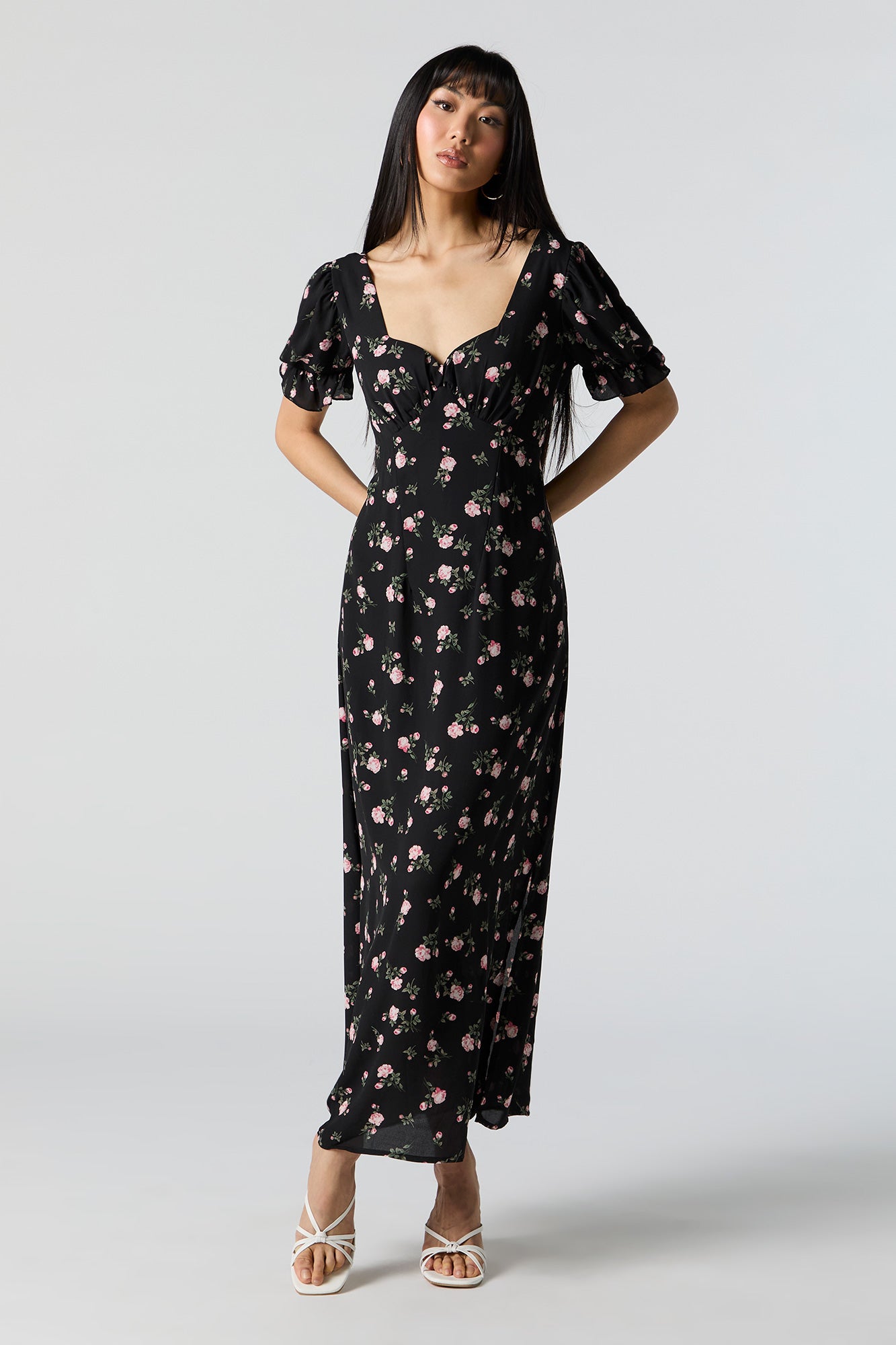 Black Floral Self-Tie Back Midi Dress – Urban Planet