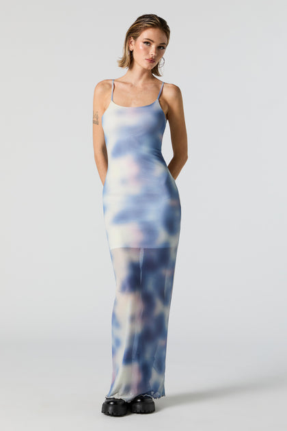 Blue Printed Mesh Sleeveless Maxi Dress