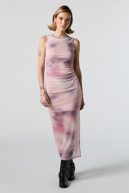 Printed Mesh Sleeveless Maxi Dress