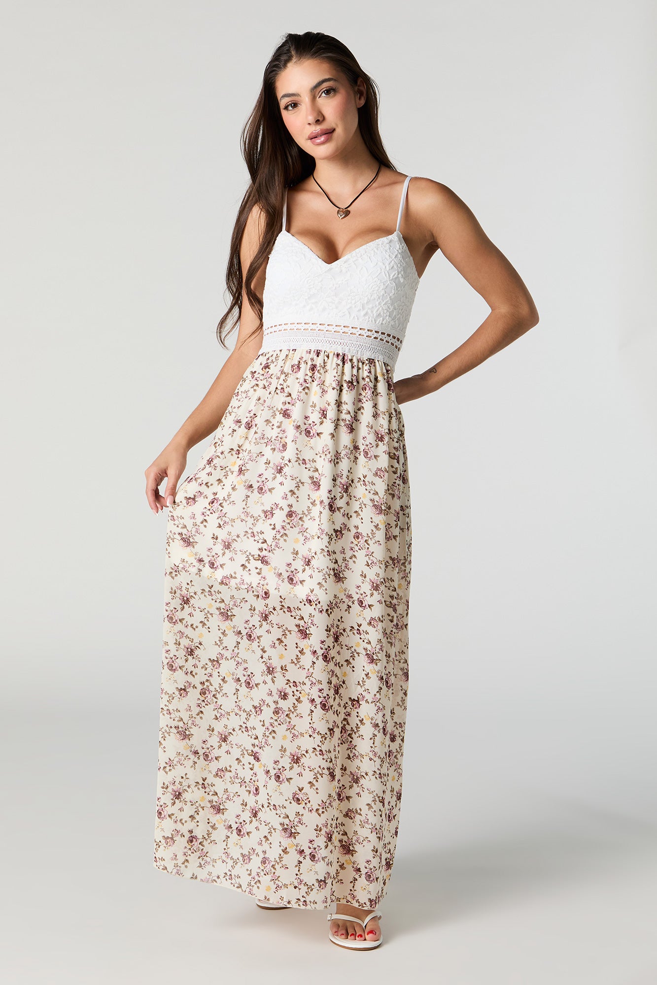 Floral Chiffon Lace Maxi Dress with Built-In Bra Cups – Urban Planet