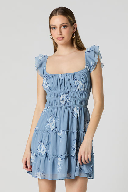 Blue Floral Smocked Flutter Sleeve Mini Dress