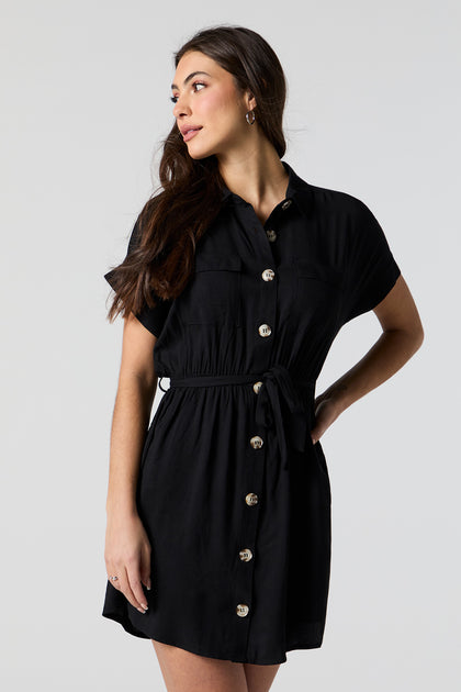 Button-Up Belted Short Sleeve Mini Dress