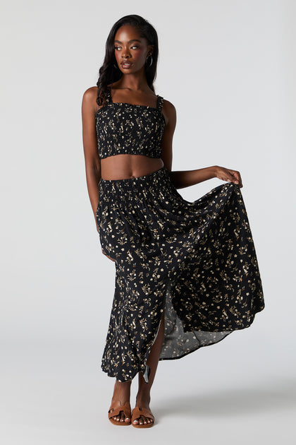 Black Floral Buttoned Maxi Skirt
