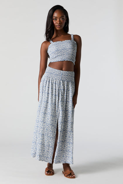 Blue and White Print Buttoned Maxi Skirt