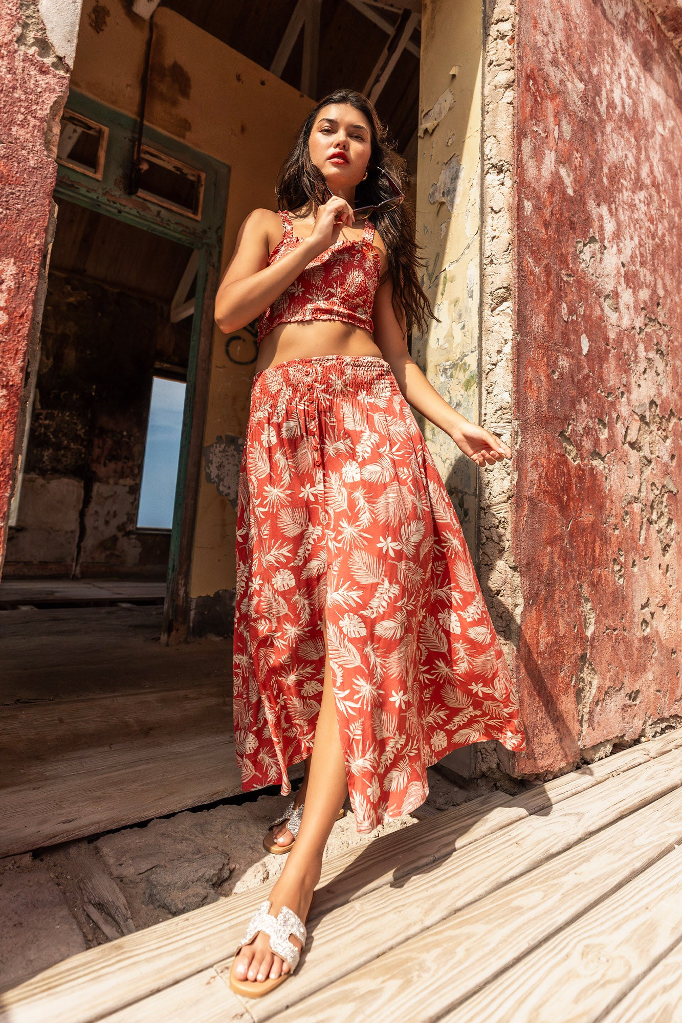 Leaf Print Buttoned Maxi Skirt
