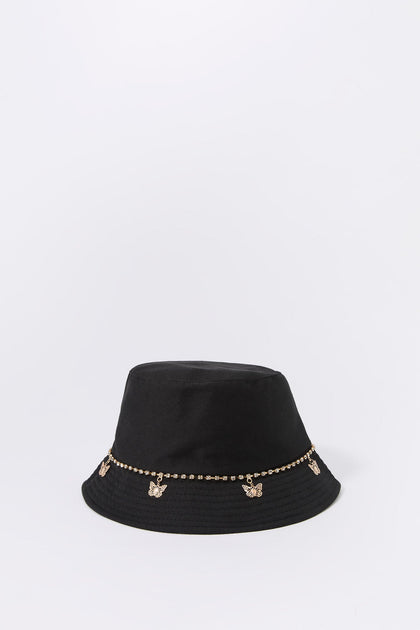 Black Butterfly Rhinestone Chain Bucket Hat