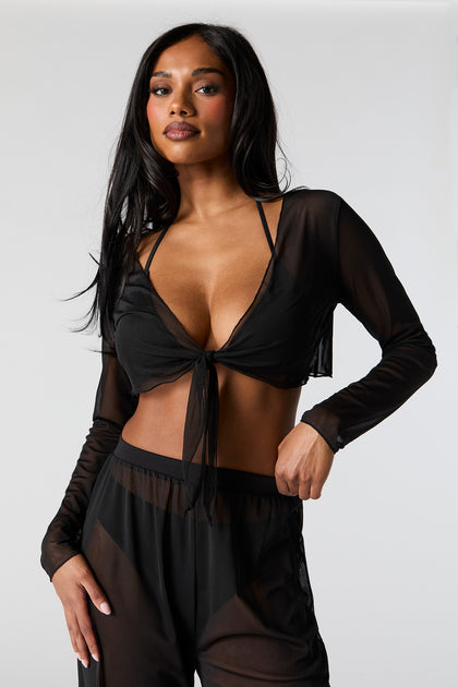 Mesh Front Tie Long Sleeve Cover Up