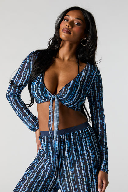 Printed Mesh Front Tie Long Sleeve Cover Up