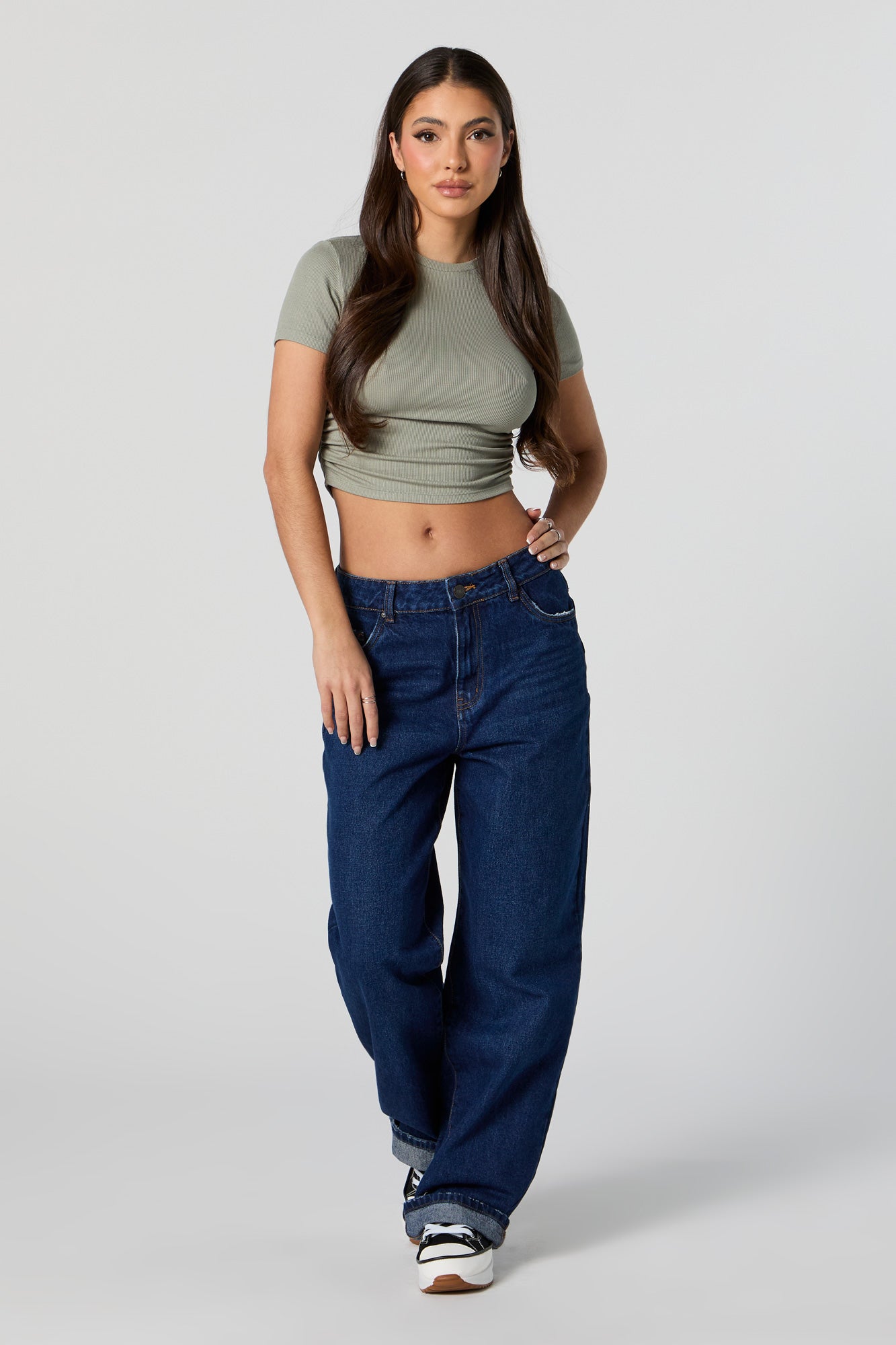 Ribbed Side Cinched Cropped T-Shirt