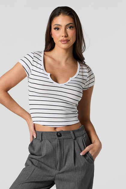 Striped Ribbed Notched Cropped T-Shirt