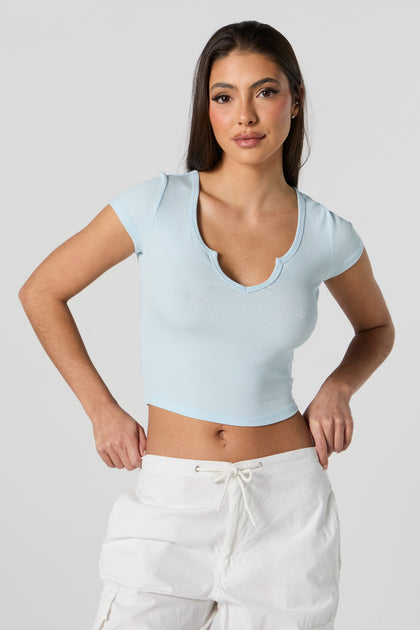 Ribbed Notched Cropped T-Shirt