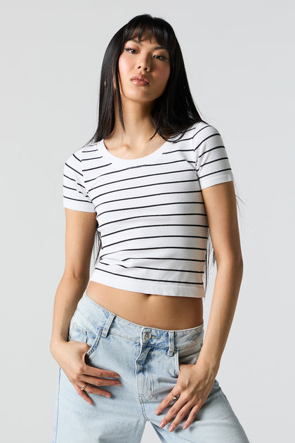 Striped Seamless Ribbed Scoop Neck T-Shirt