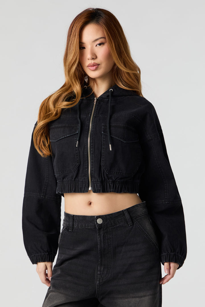 Haut à capuchon en denim court avec fermeture à glissière