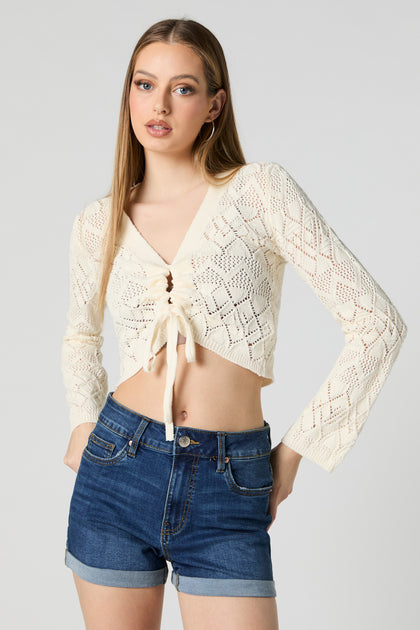 Crochet Front Tie Cropped Long Sleeve Top