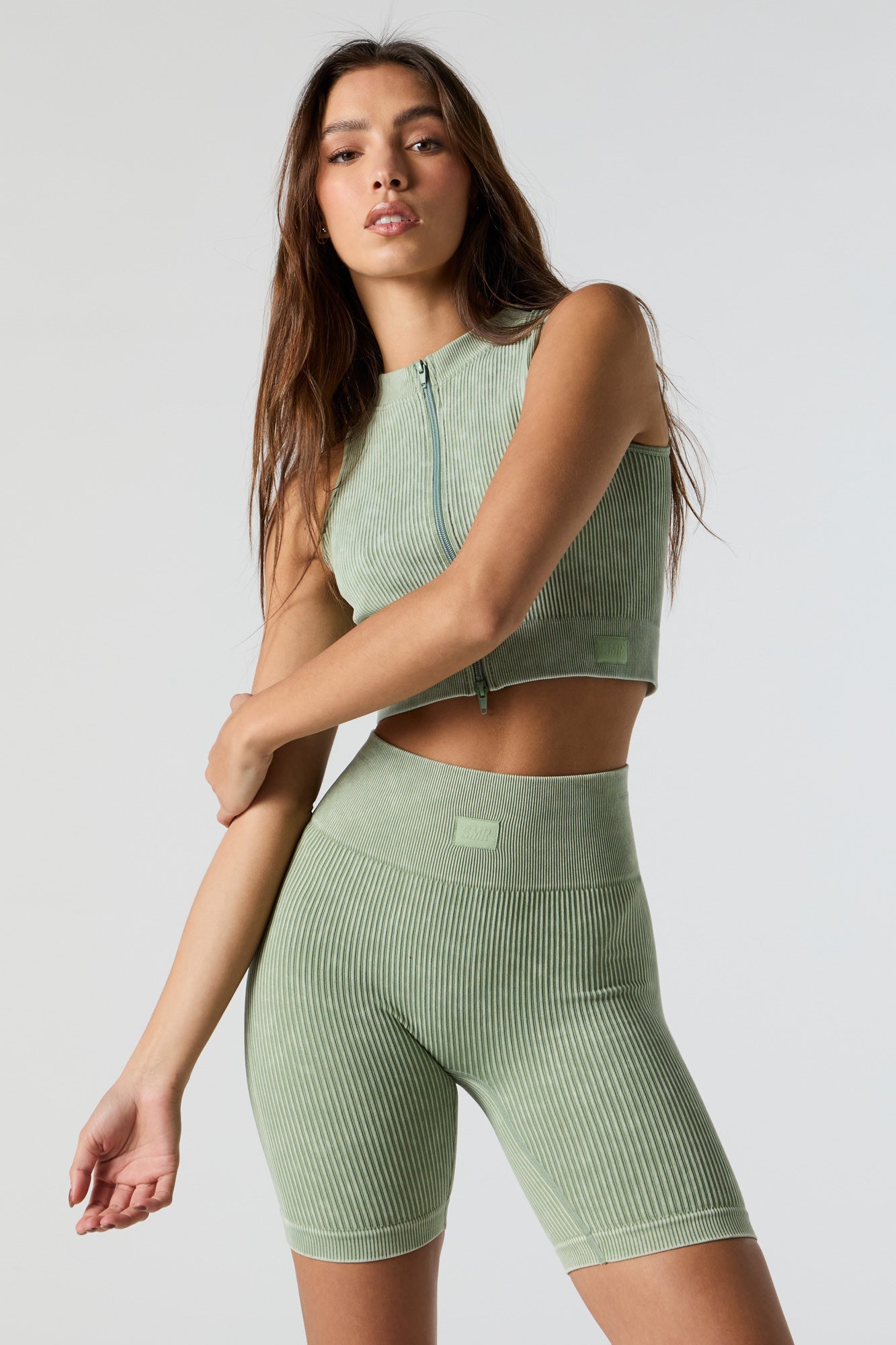 Green Sommer Ray Washed Seamless Ribbed Zip-Up Top
