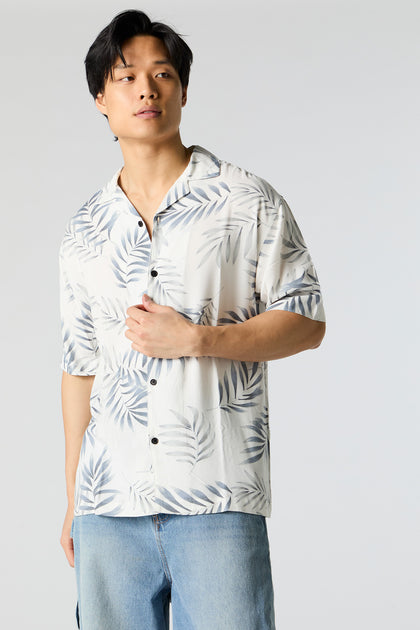 Leaf Print Short Sleeve Button-Up Top