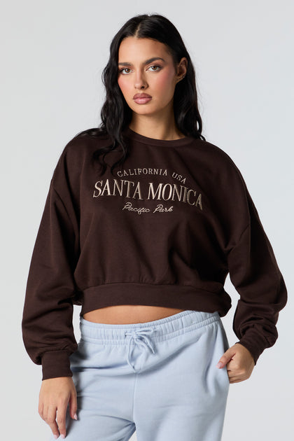 Santa Monica Embroidered Cropped Fleece Sweatshirt