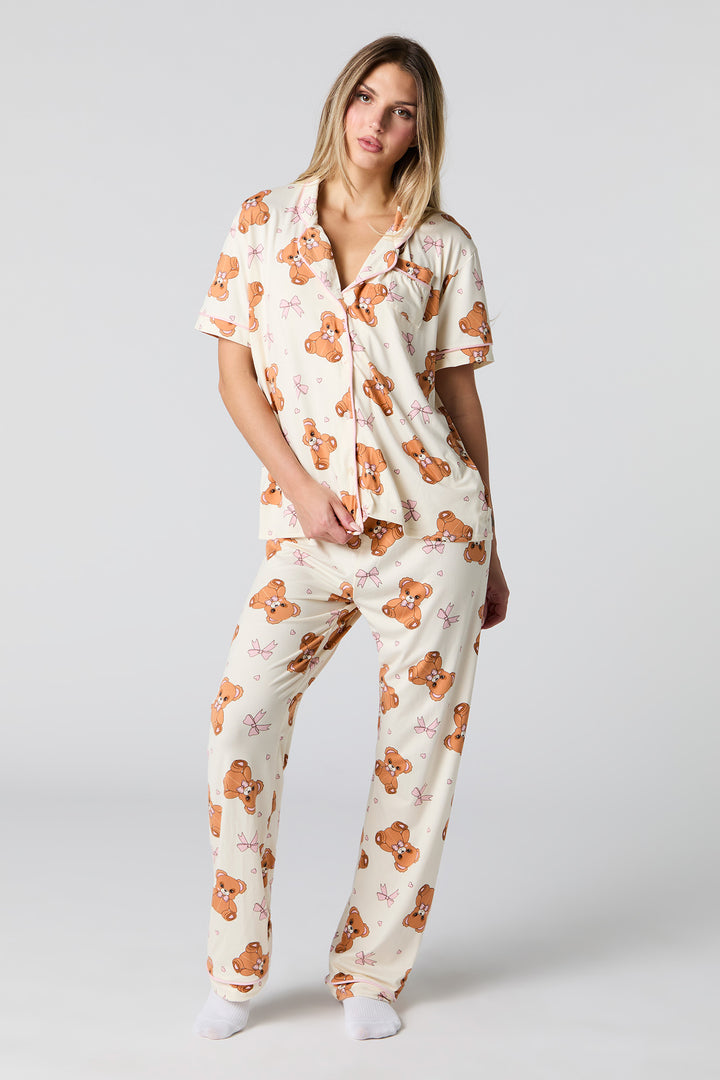 Printed Button-Up T-Shirt & Pant 2 Piece Pajama Set