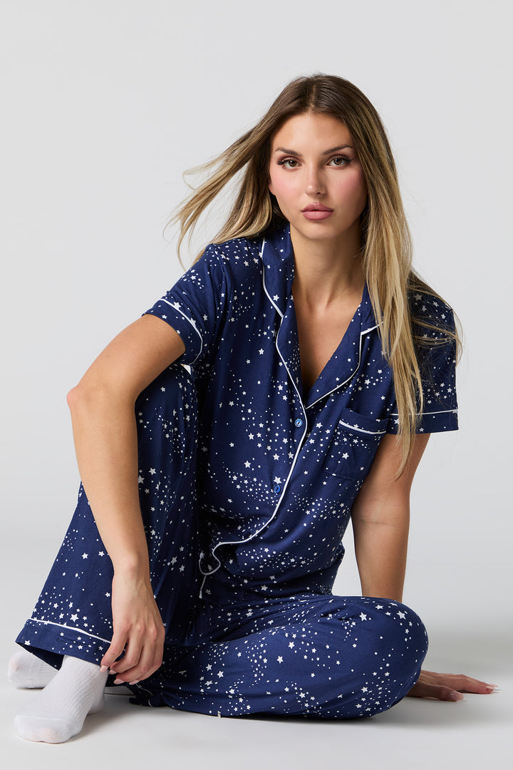 Printed Button-Up T-Shirt & Pant 2 Piece Pajama Set