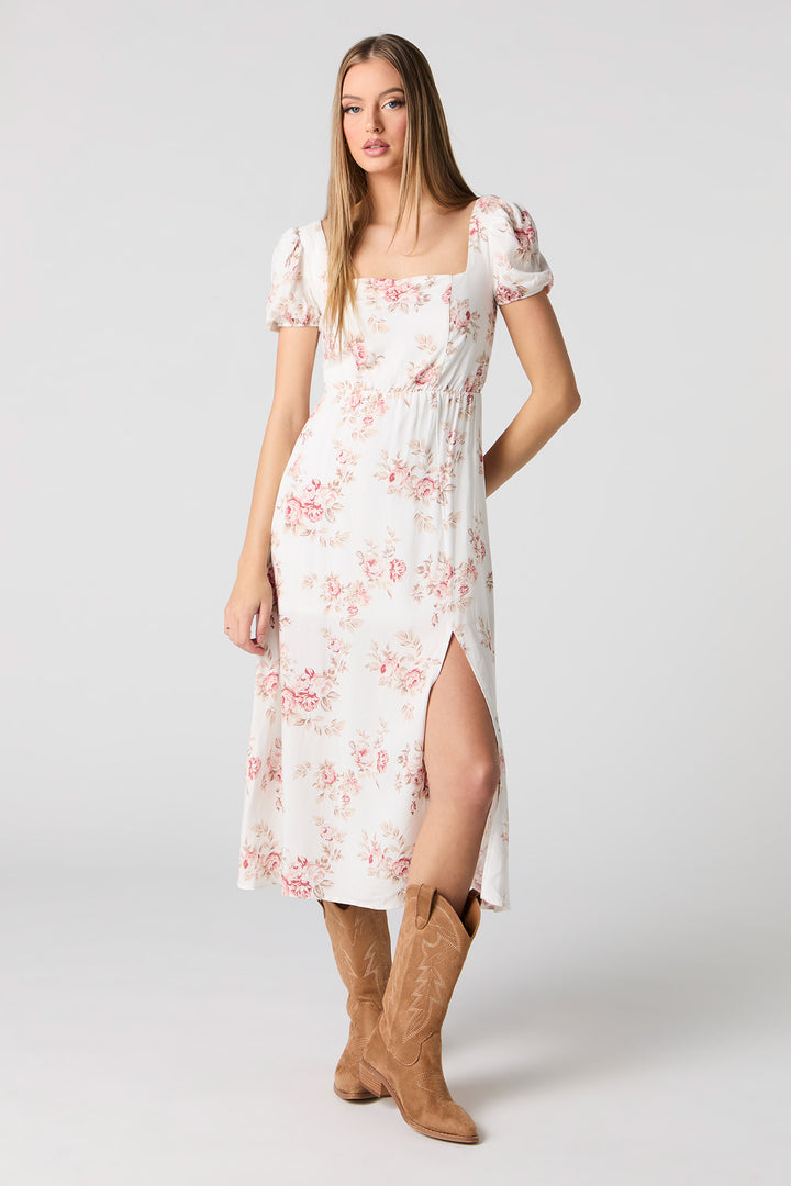 Floral Puff Sleeve A-Line Midi Dress