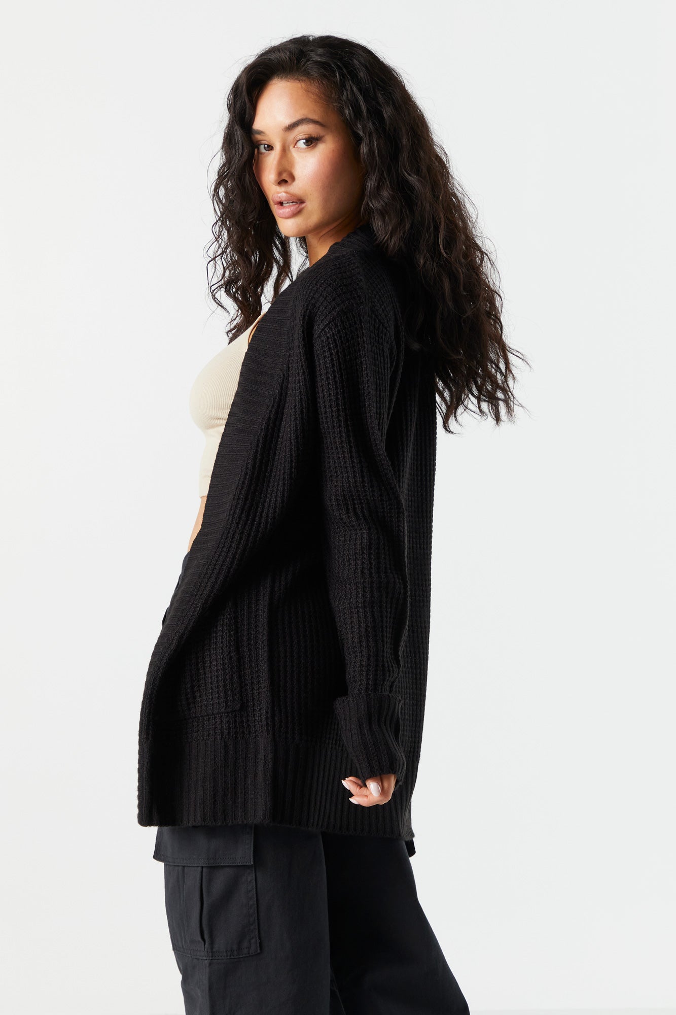 Waffle Knit Open Cardigan