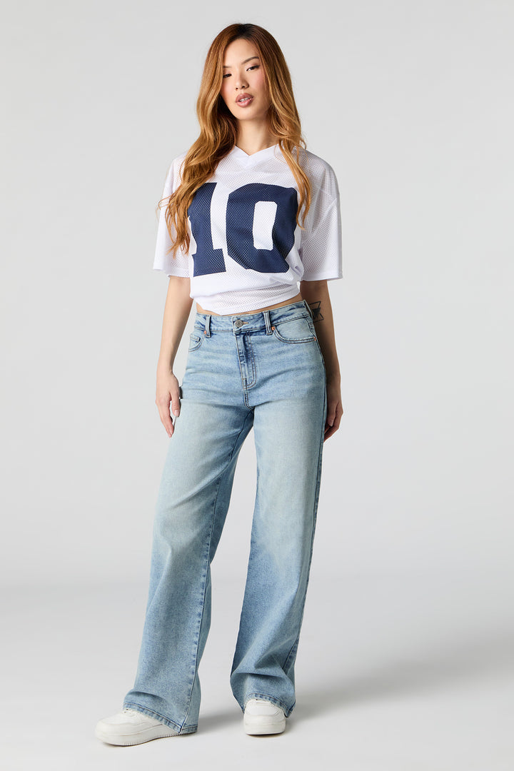 Jean extensible délavé pâle à jambe large et taille haute