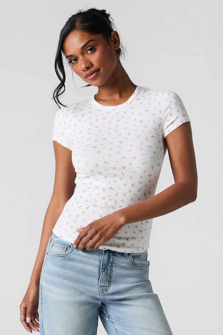 Ribbed Curved Hem T-Shirt