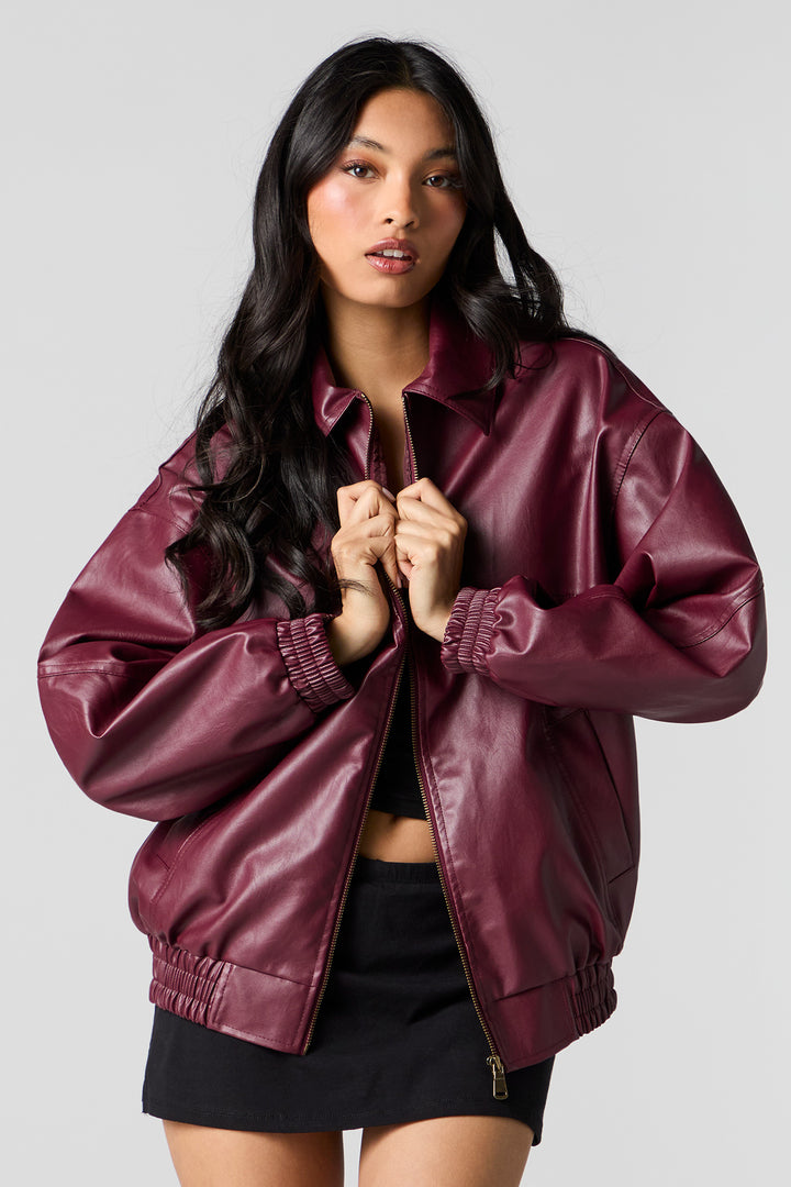 Faux Leather Oversized Bomber Jacket