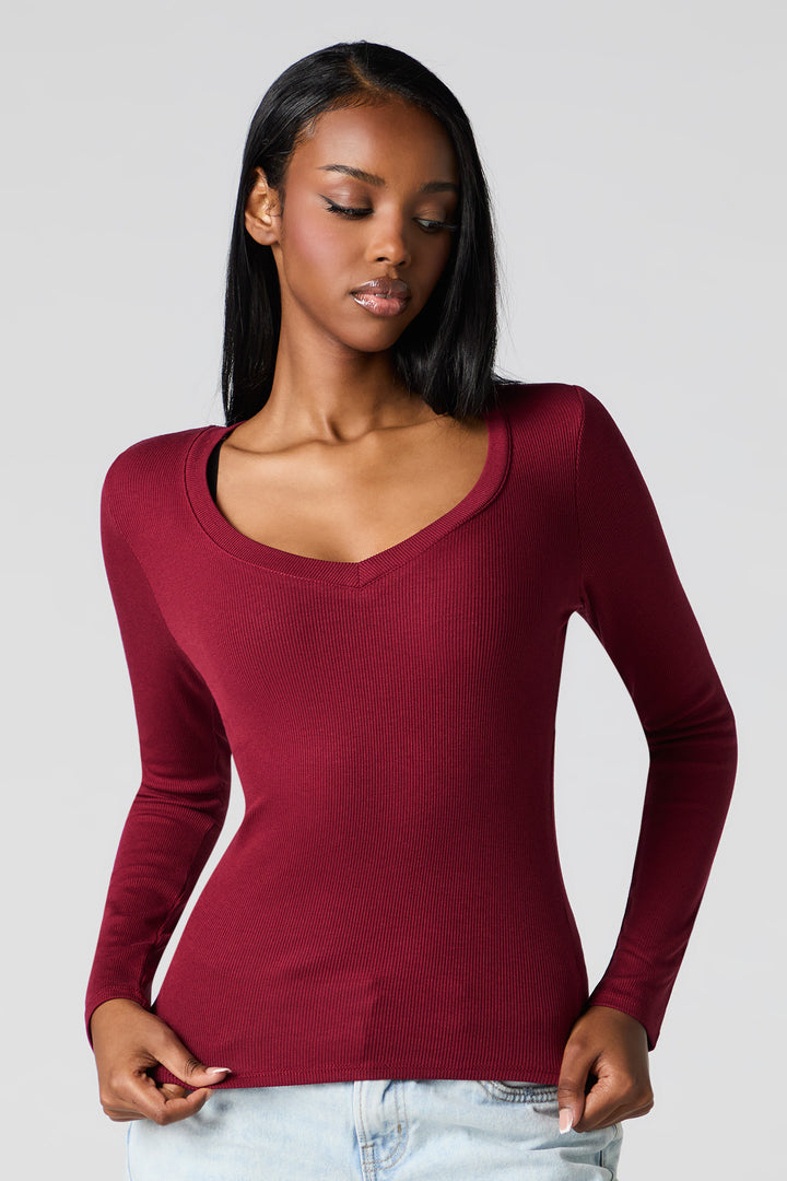 Classic Ribbed V-Neck Long Sleeve Top